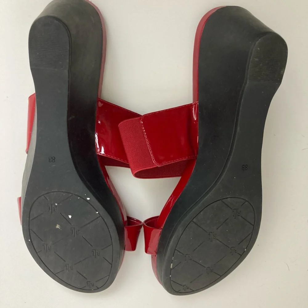 *Lauren Ralph Lauren Rihanna Red Patent Leather Platform Wedge Slip on Sandal#SR